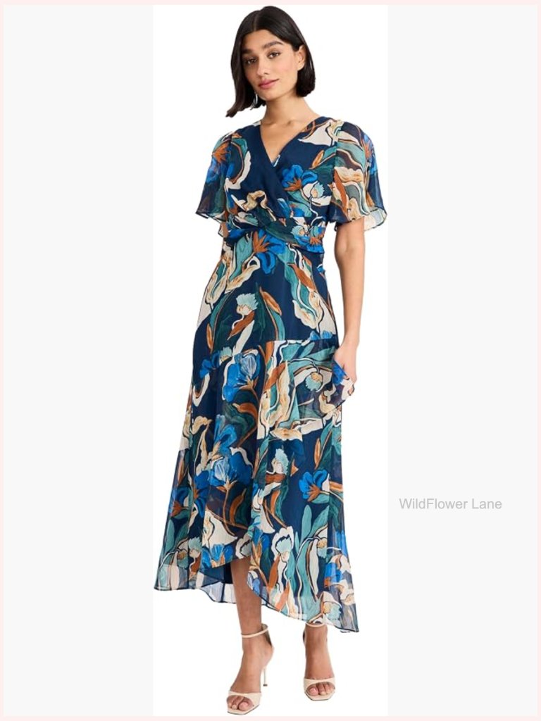 Floral V-Neck Flutter Sleeve Wrap Maxi Dress For Wedding Guest